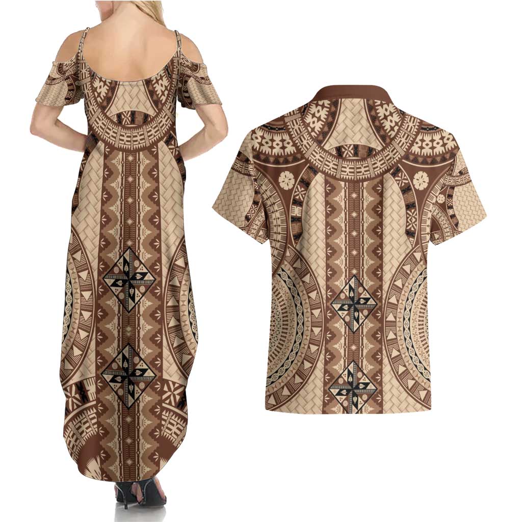 Bula Fiji Vintage Couples Matching Summer Maxi Dress and Hawaiian Shirt Brown Masi Motifs