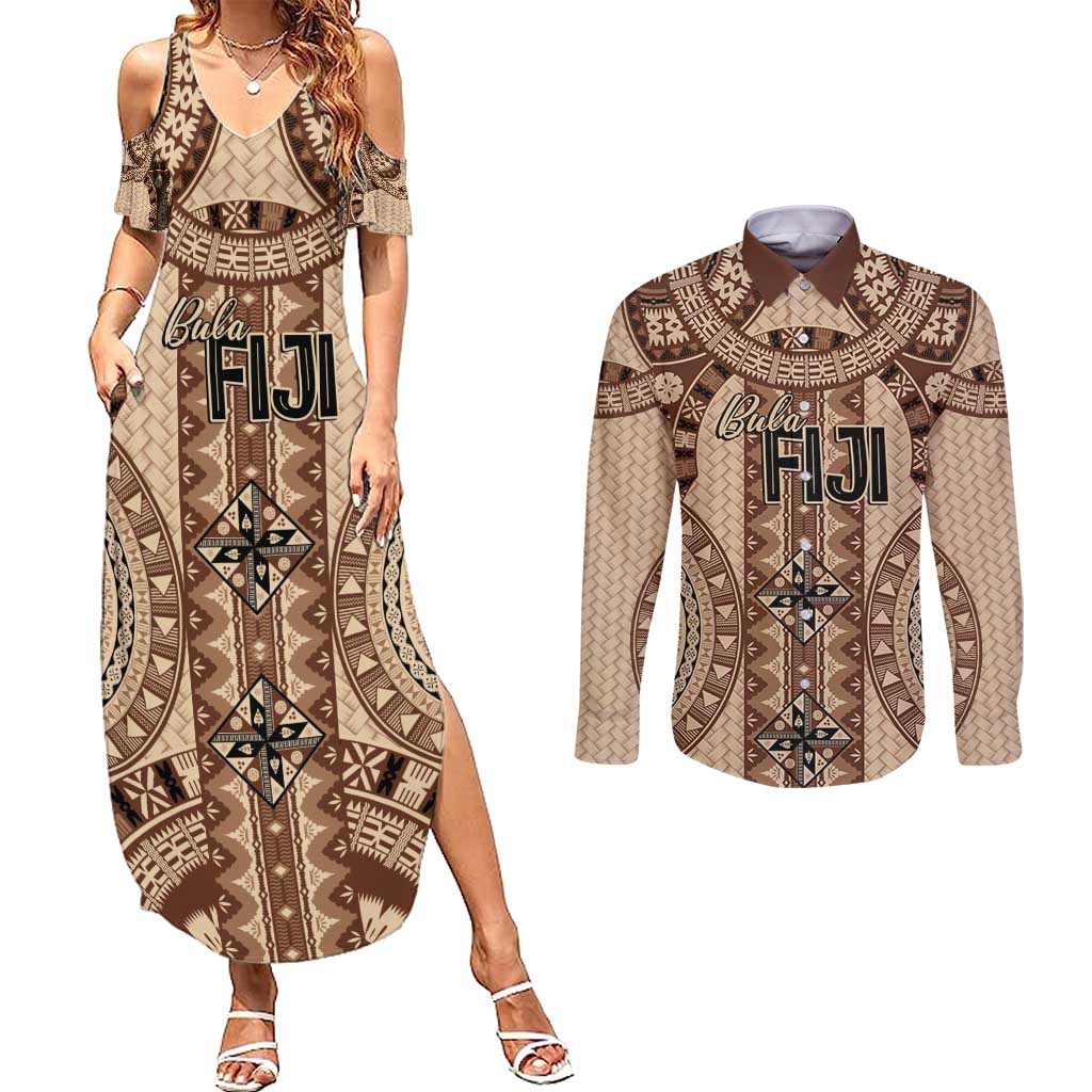 Bula Fiji Vintage Couples Matching Summer Maxi Dress and Long Sleeve Button Shirt Brown Masi Motifs