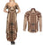 Bula Fiji Vintage Couples Matching Summer Maxi Dress and Long Sleeve Button Shirt Brown Masi Motifs
