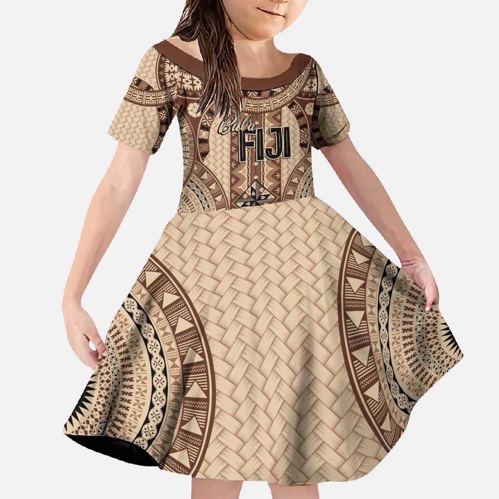 Bula Fiji Vintage Family Matching Long Sleeve Bodycon Dress and Hawaiian Shirt Brown Masi Motifs