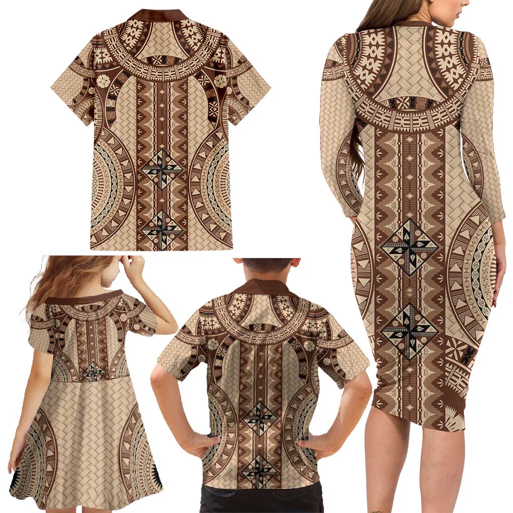 Bula Fiji Vintage Family Matching Long Sleeve Bodycon Dress and Hawaiian Shirt Brown Masi Motifs