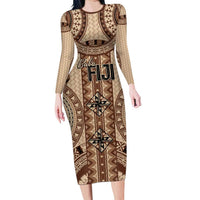 Bula Fiji Vintage Family Matching Long Sleeve Bodycon Dress and Hawaiian Shirt Brown Masi Motifs
