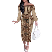 Bula Fiji Vintage Family Matching Off The Shoulder Long Sleeve Dress and Hawaiian Shirt Brown Masi Motifs