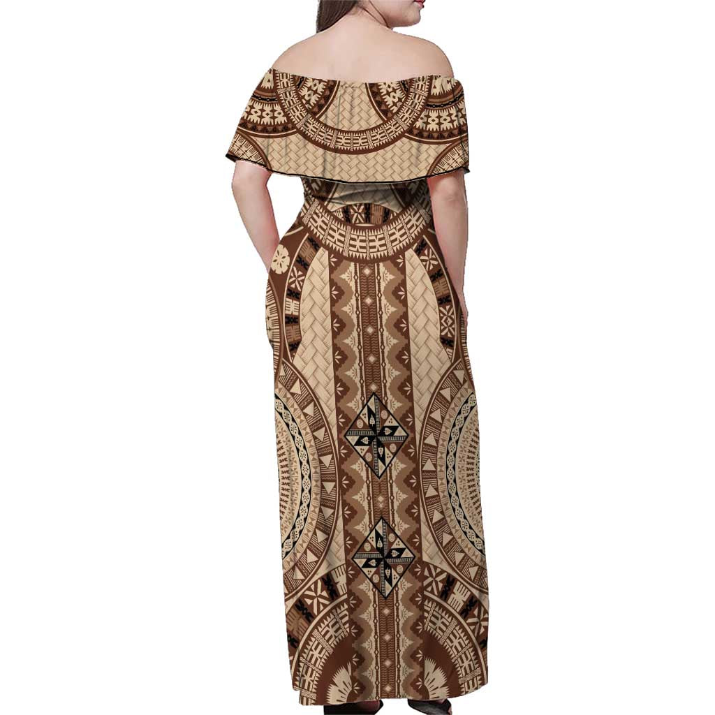 Bula Fiji Vintage Family Matching Off Shoulder Maxi Dress and Hawaiian Shirt Brown Masi Motifs