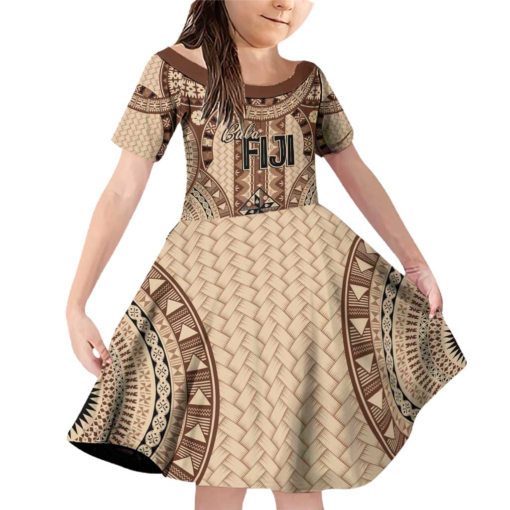 Bula Fiji Vintage Family Matching Off Shoulder Short Dress and Hawaiian Shirt Brown Masi Motifs