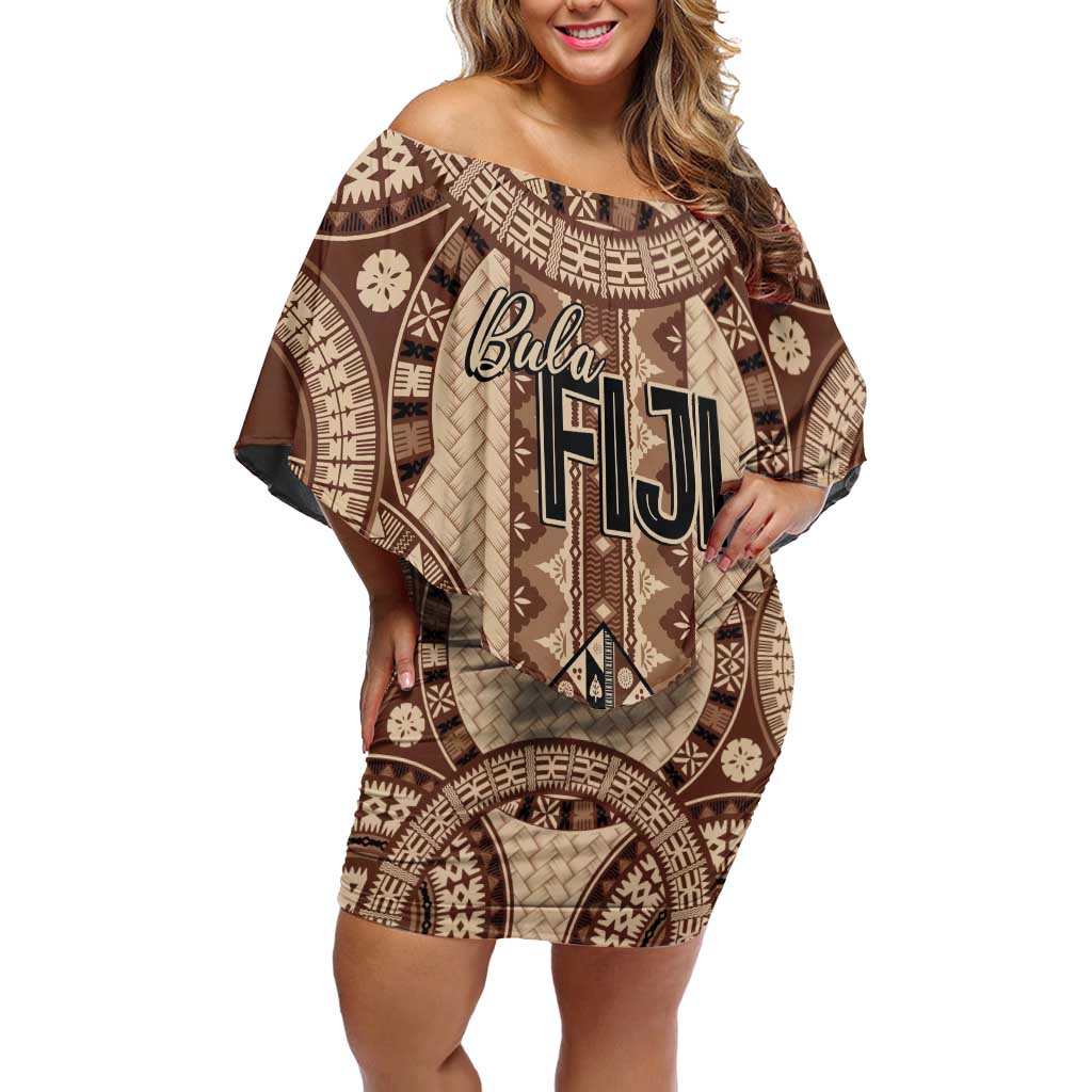 Bula Fiji Vintage Family Matching Off Shoulder Short Dress and Hawaiian Shirt Brown Masi Motifs