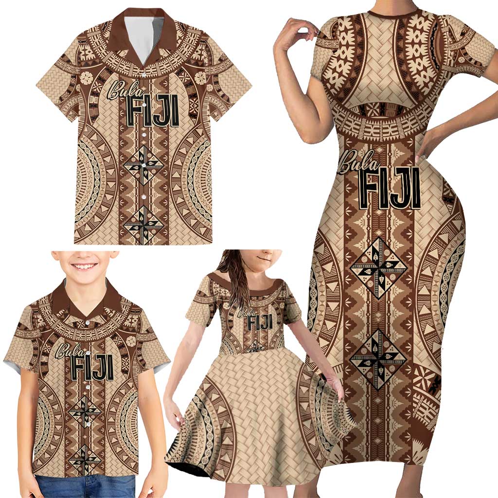 Bula Fiji Vintage Family Matching Short Sleeve Bodycon Dress and Hawaiian Shirt Brown Masi Motifs