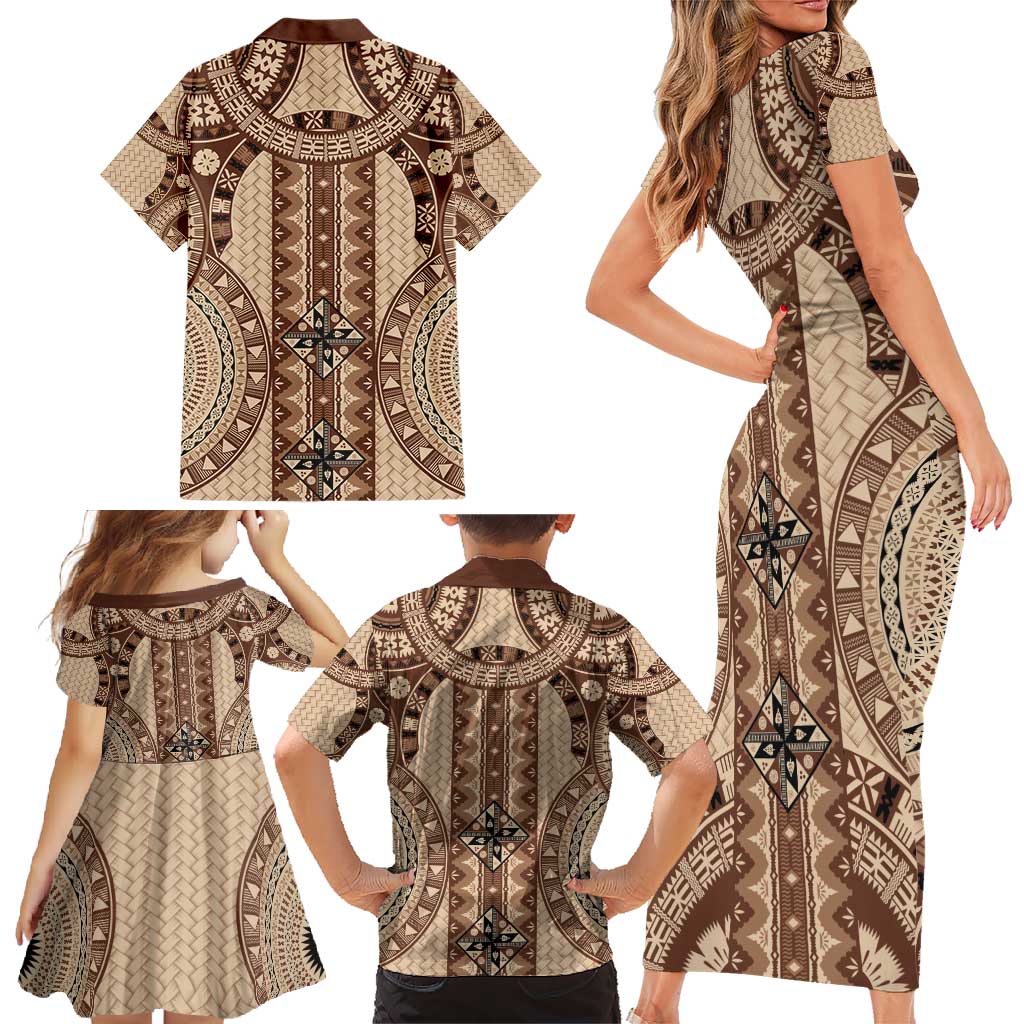 Bula Fiji Vintage Family Matching Short Sleeve Bodycon Dress and Hawaiian Shirt Brown Masi Motifs