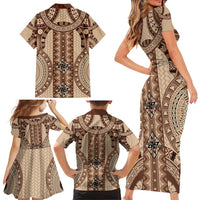 Bula Fiji Vintage Family Matching Short Sleeve Bodycon Dress and Hawaiian Shirt Brown Masi Motifs