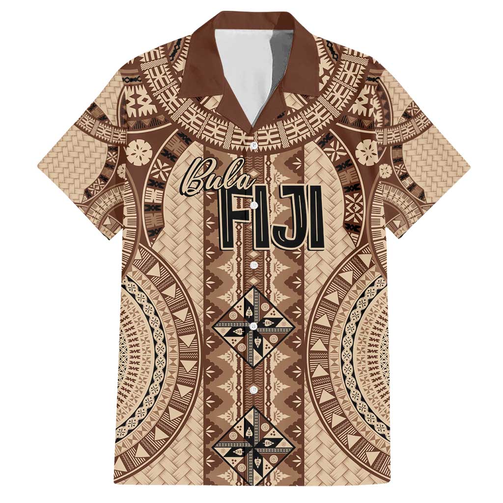 Bula Fiji Vintage Family Matching Short Sleeve Bodycon Dress and Hawaiian Shirt Brown Masi Motifs