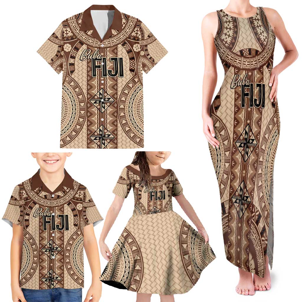 Bula Fiji Vintage Family Matching Tank Maxi Dress and Hawaiian Shirt Brown Masi Motifs