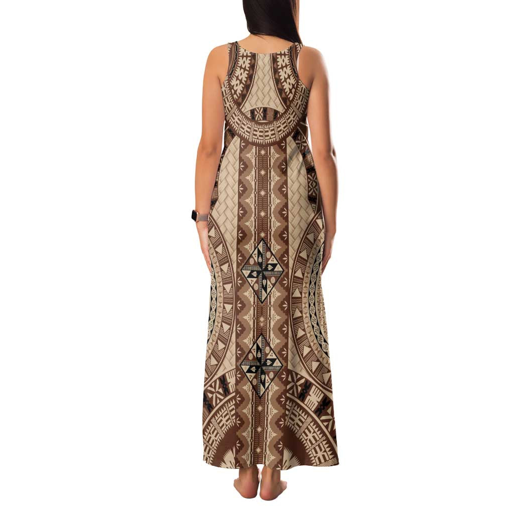 Bula Fiji Vintage Family Matching Tank Maxi Dress and Hawaiian Shirt Brown Masi Motifs