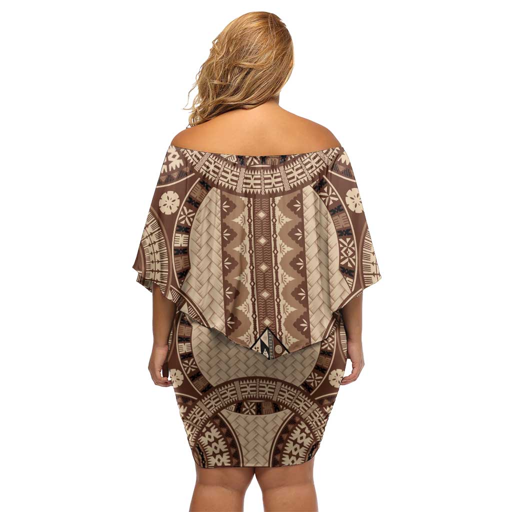 Bula Fiji Vintage Off Shoulder Short Dress Brown Masi Motifs