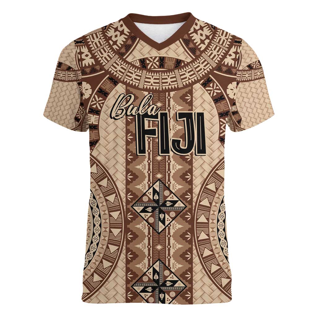 Bula Fiji Vintage Women V-Neck T-Shirt Brown Masi Motifs