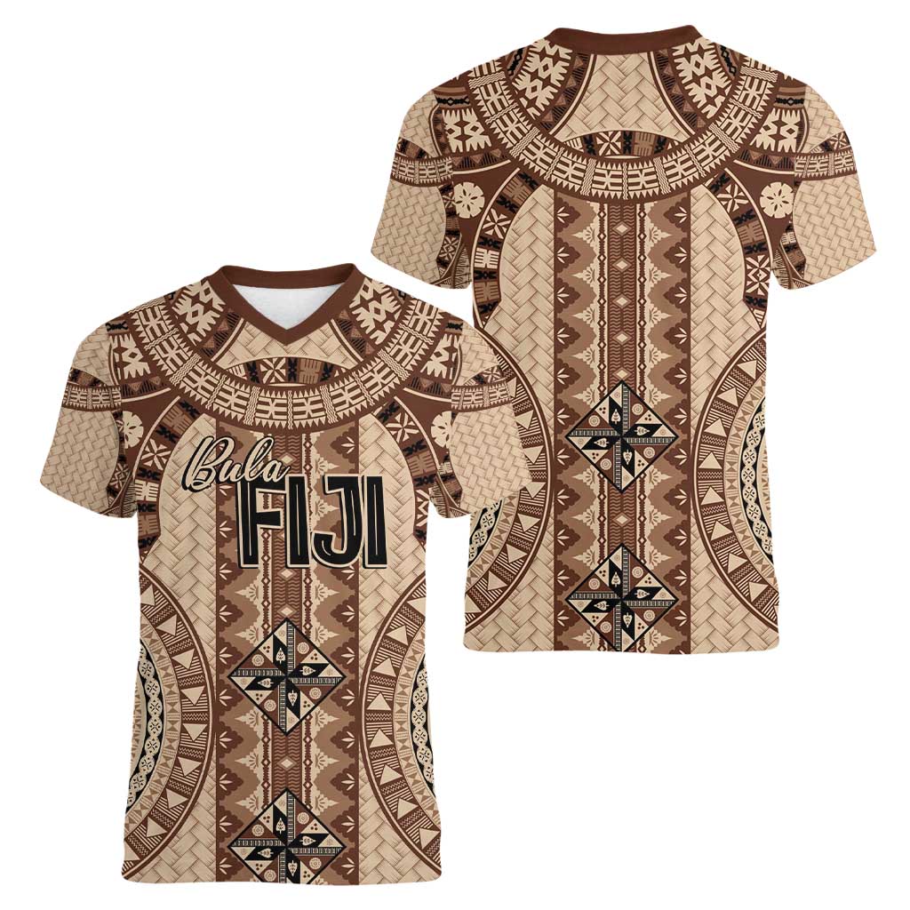 Bula Fiji Vintage Women V-Neck T-Shirt Brown Masi Motifs