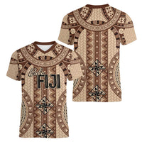 Bula Fiji Vintage Women V-Neck T-Shirt Brown Masi Motifs
