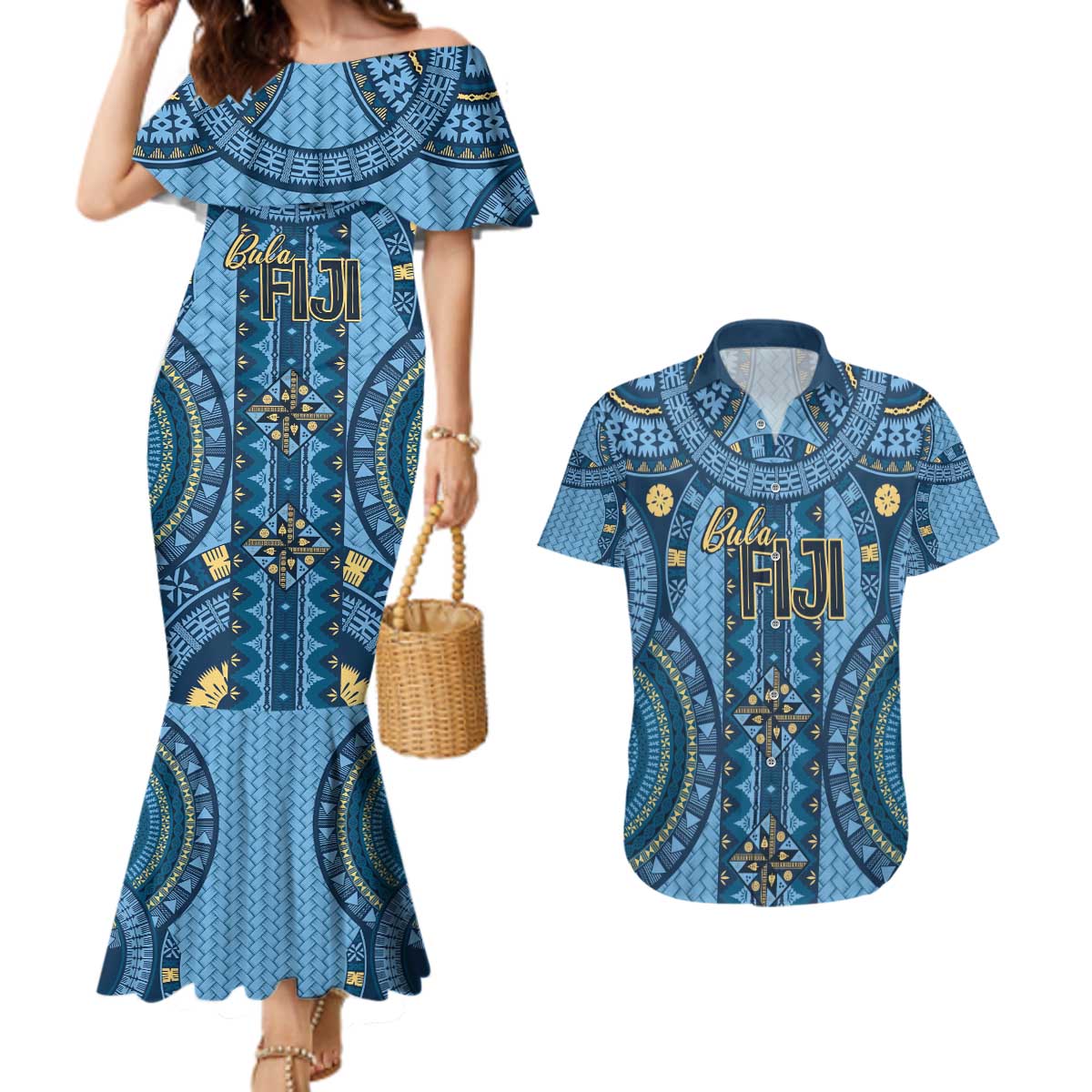 Bula Fiji Vintage Couples Matching Mermaid Dress and Hawaiian Shirt Prussian Blue Masi Motifs