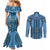 Bula Fiji Vintage Couples Matching Mermaid Dress and Long Sleeve Button Shirt Prussian Blue Masi Motifs