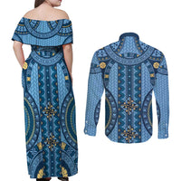 Bula Fiji Vintage Couples Matching Off Shoulder Maxi Dress and Long Sleeve Button Shirt Prussian Blue Masi Motifs