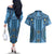 Bula Fiji Vintage Couples Matching Off The Shoulder Long Sleeve Dress and Hawaiian Shirt Prussian Blue Masi Motifs