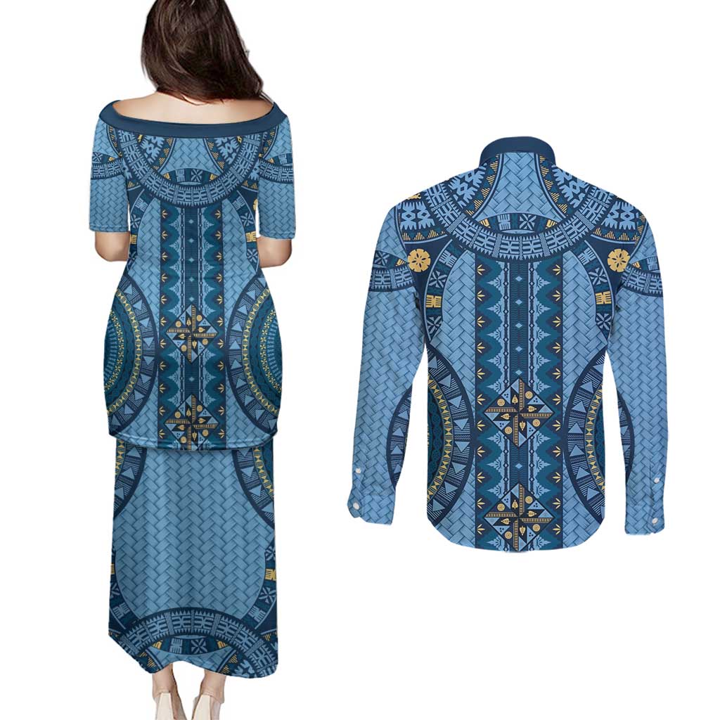 Bula Fiji Vintage Couples Matching Puletasi and Long Sleeve Button Shirt Prussian Blue Masi Motifs