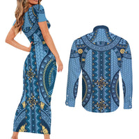 Bula Fiji Vintage Couples Matching Short Sleeve Bodycon Dress and Long Sleeve Button Shirt Prussian Blue Masi Motifs