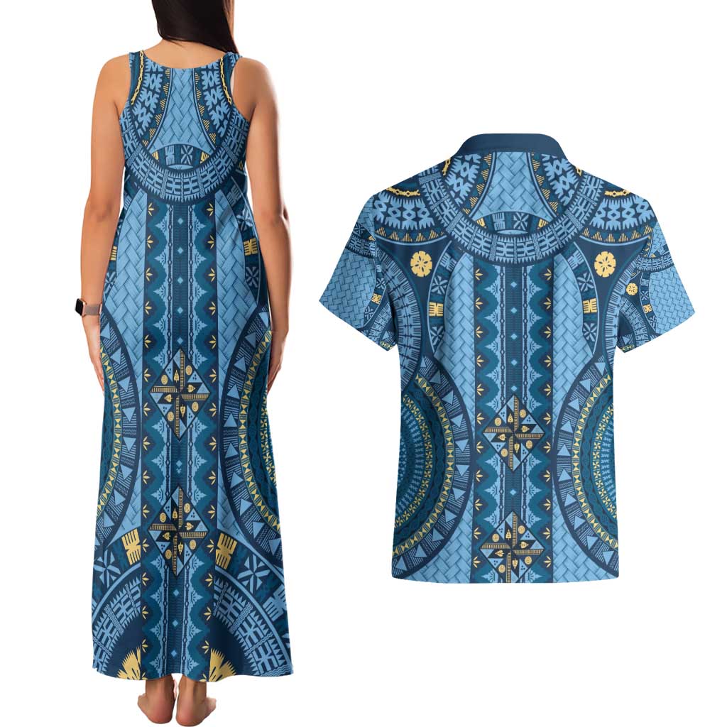 Bula Fiji Vintage Couples Matching Tank Maxi Dress and Hawaiian Shirt Prussian Blue Masi Motifs