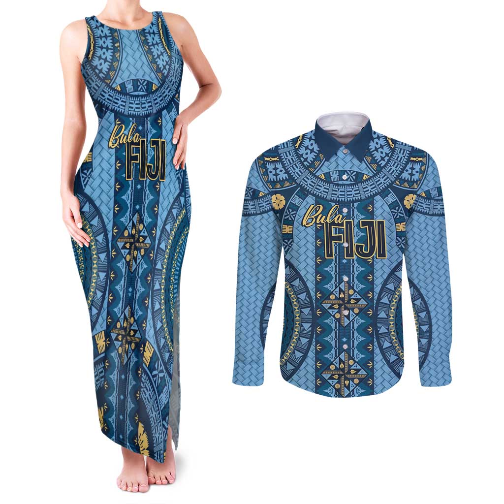 Bula Fiji Vintage Couples Matching Tank Maxi Dress and Long Sleeve Button Shirt Prussian Blue Masi Motifs