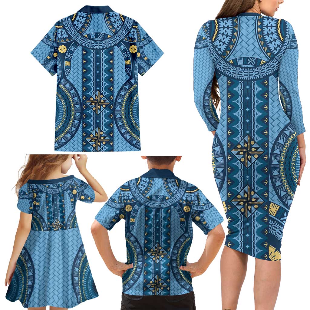 Bula Fiji Vintage Family Matching Long Sleeve Bodycon Dress and Hawaiian Shirt Prussian Blue Masi Motifs