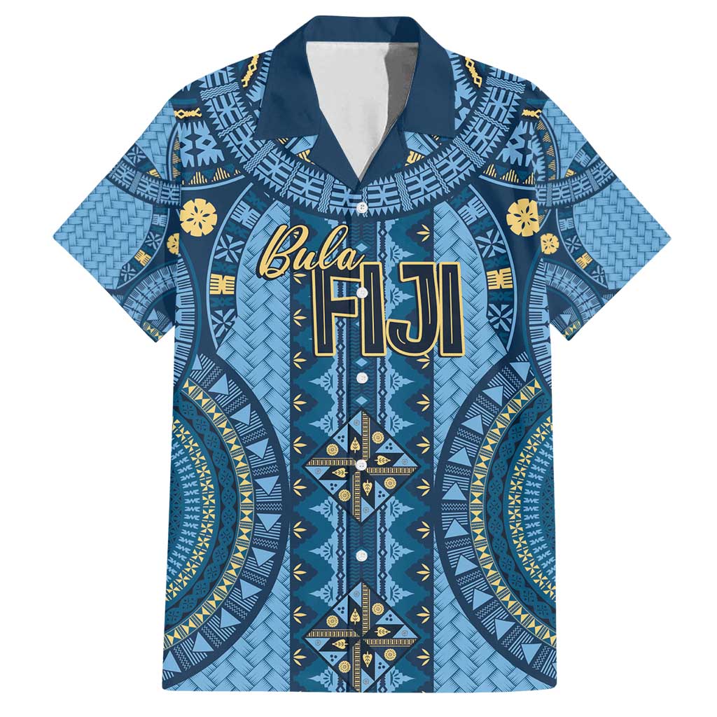 Bula Fiji Vintage Family Matching Long Sleeve Bodycon Dress and Hawaiian Shirt Prussian Blue Masi Motifs