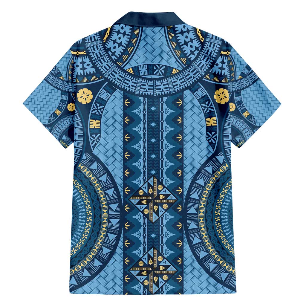Bula Fiji Vintage Family Matching Long Sleeve Bodycon Dress and Hawaiian Shirt Prussian Blue Masi Motifs