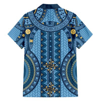 Bula Fiji Vintage Family Matching Long Sleeve Bodycon Dress and Hawaiian Shirt Prussian Blue Masi Motifs