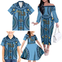 Bula Fiji Vintage Family Matching Off The Shoulder Long Sleeve Dress and Hawaiian Shirt Prussian Blue Masi Motifs