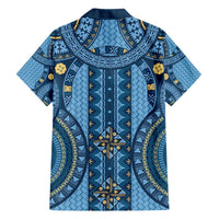Bula Fiji Vintage Family Matching Off The Shoulder Long Sleeve Dress and Hawaiian Shirt Prussian Blue Masi Motifs