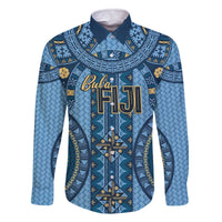 Bula Fiji Vintage Family Matching Off The Shoulder Long Sleeve Dress and Hawaiian Shirt Prussian Blue Masi Motifs