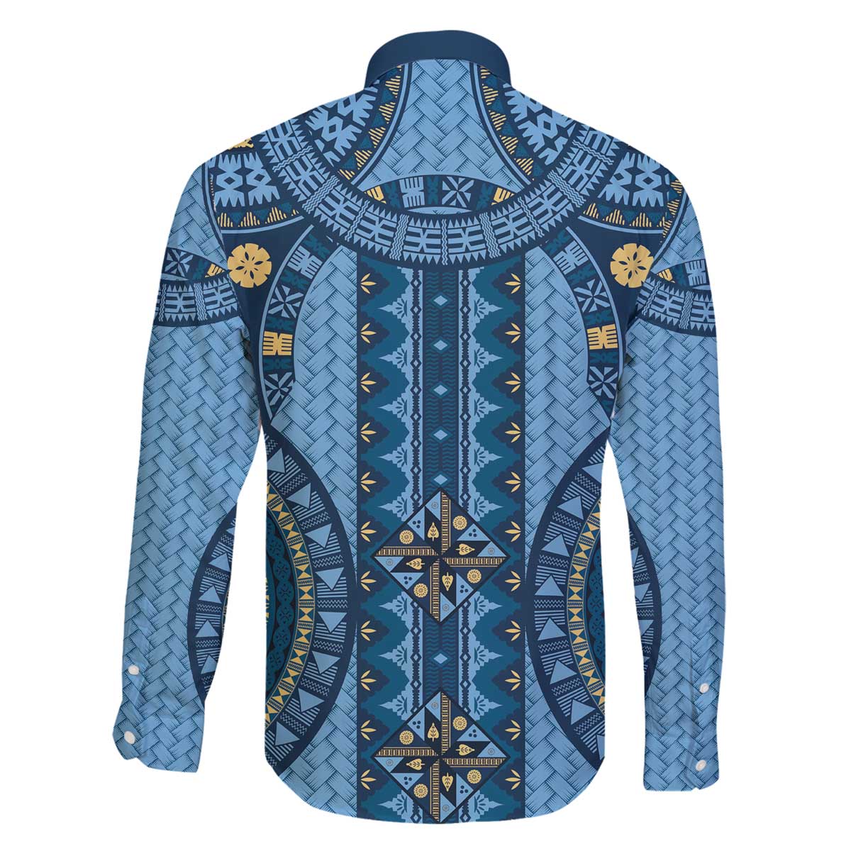 Bula Fiji Vintage Family Matching Off The Shoulder Long Sleeve Dress and Hawaiian Shirt Prussian Blue Masi Motifs