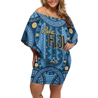 Bula Fiji Vintage Family Matching Off Shoulder Short Dress and Hawaiian Shirt Prussian Blue Masi Motifs