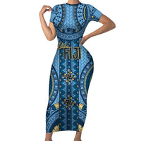 Bula Fiji Vintage Family Matching Short Sleeve Bodycon Dress and Hawaiian Shirt Prussian Blue Masi Motifs