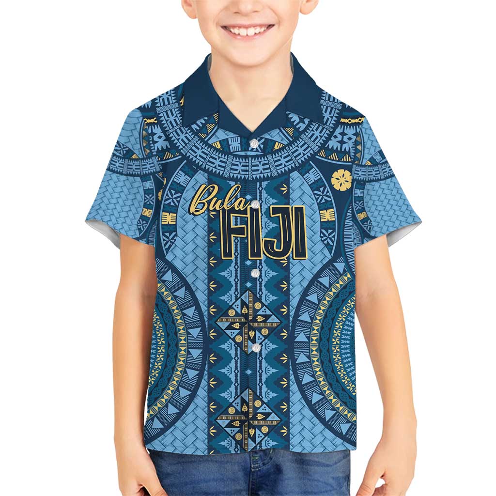 Bula Fiji Vintage Family Matching Summer Maxi Dress and Hawaiian Shirt Prussian Blue Masi Motifs