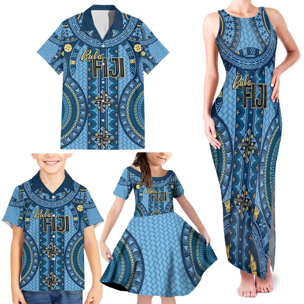 Bula Fiji Vintage Family Matching Tank Maxi Dress and Hawaiian Shirt Prussian Blue Masi Motifs