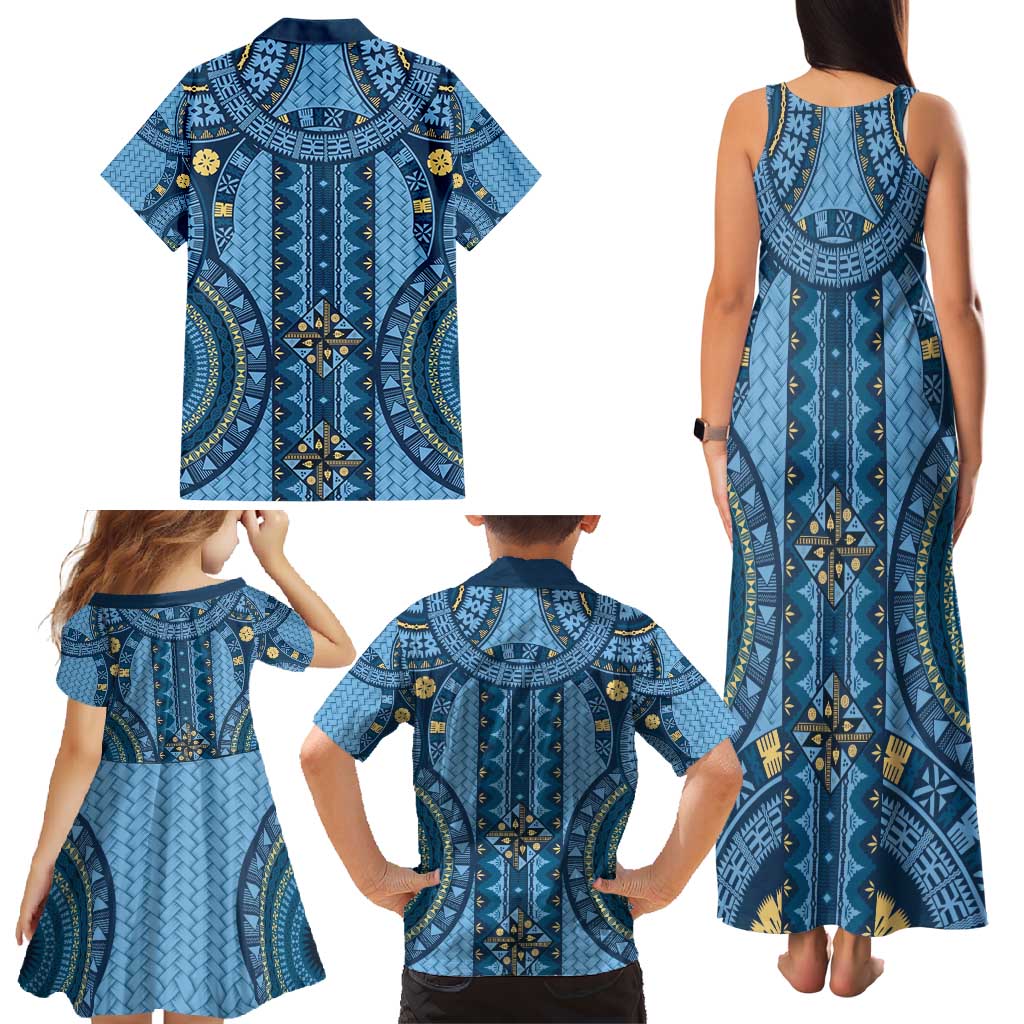 Bula Fiji Vintage Family Matching Tank Maxi Dress and Hawaiian Shirt Prussian Blue Masi Motifs
