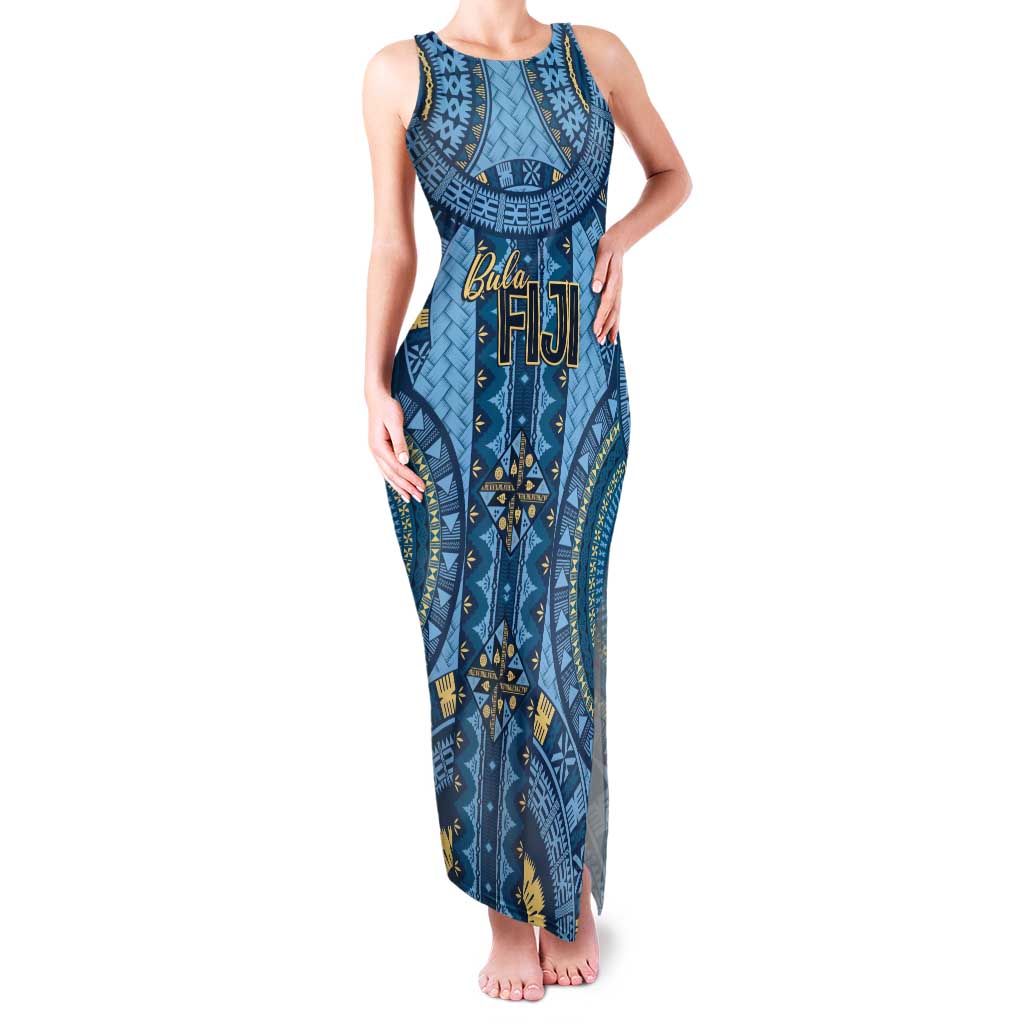 Bula Fiji Vintage Family Matching Tank Maxi Dress and Hawaiian Shirt Prussian Blue Masi Motifs