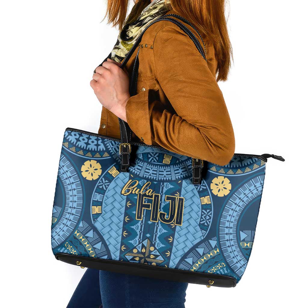 Bula Fiji Vintage Leather Tote Bag Prussian Blue Masi Motifs