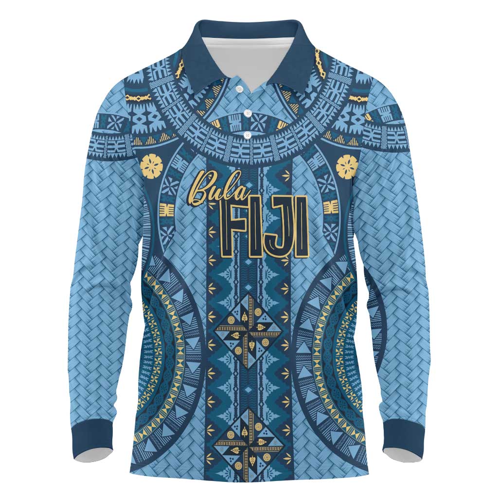Bula Fiji Vintage Long Sleeve Polo Shirt Prussian Blue Masi Motifs