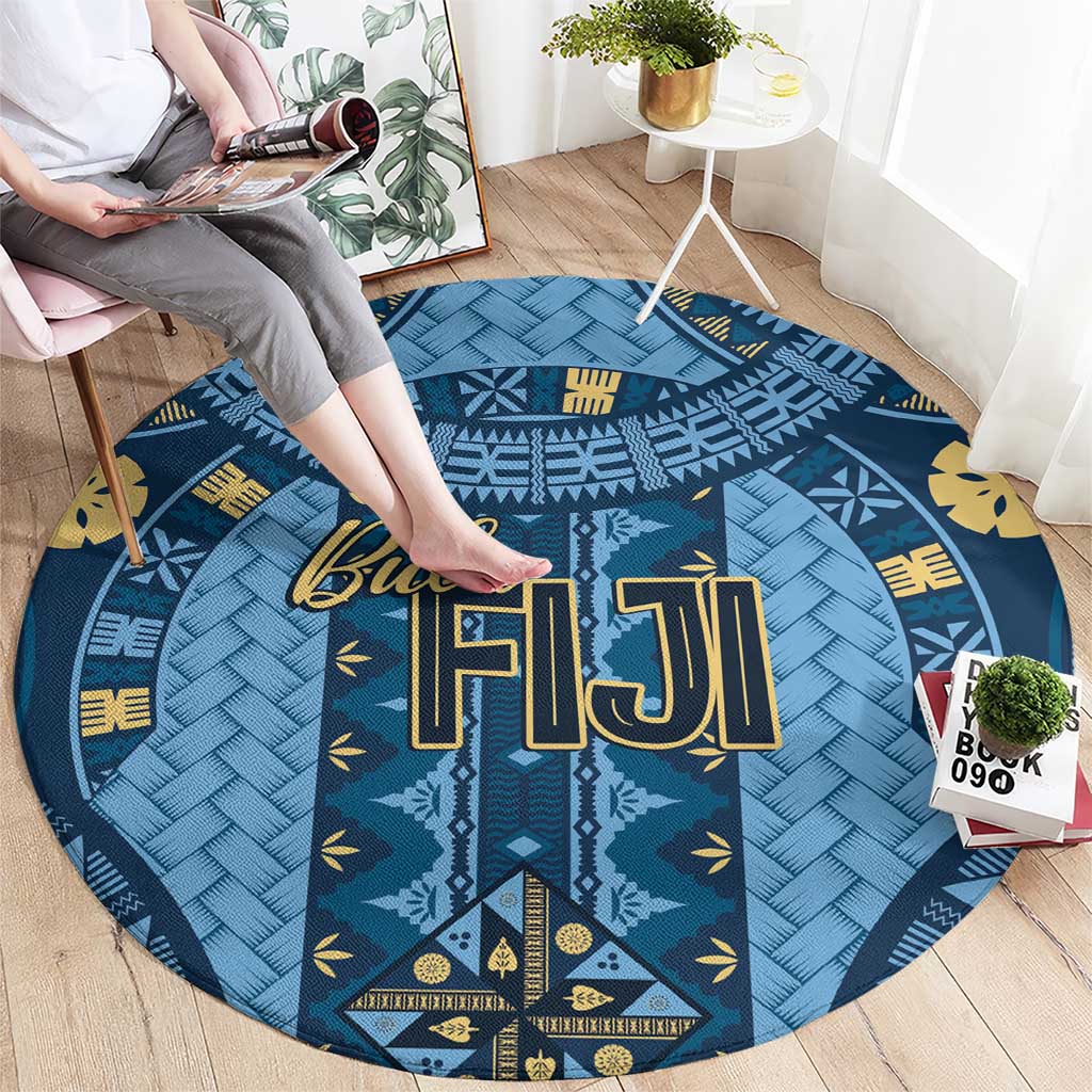 Bula Fiji Vintage Round Carpet Prussian Blue Masi Motifs