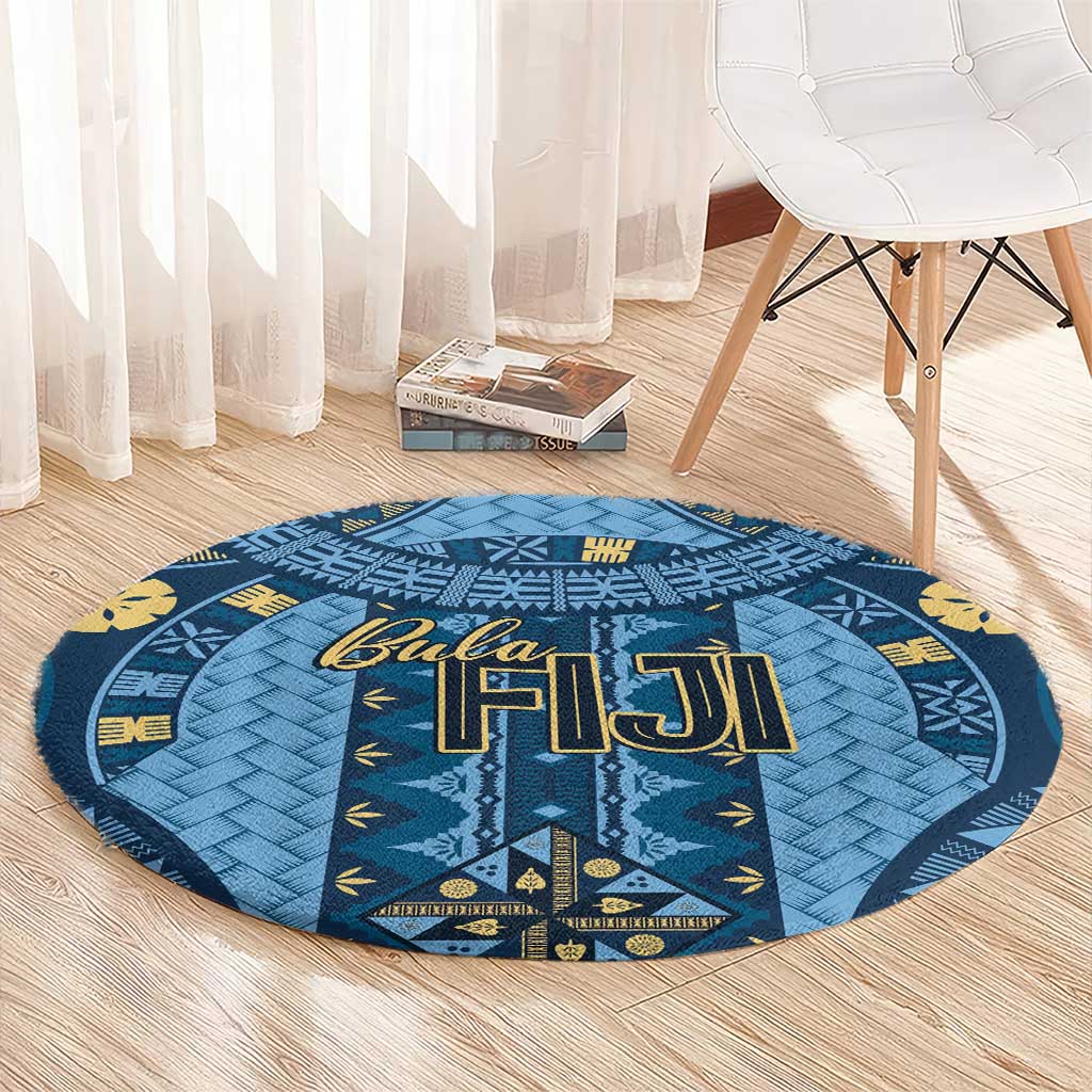 Bula Fiji Vintage Round Carpet Prussian Blue Masi Motifs