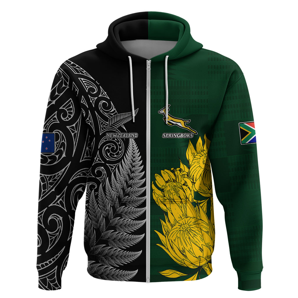 Custom New Zealand Mix South Africa Rugby Hoodie Protea Vs. Silver Ferns LT7 Zip Hoodie Art - Polynesian Pride