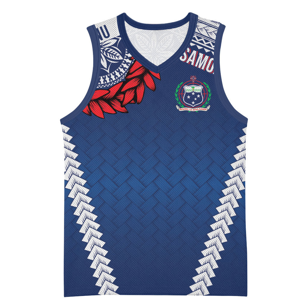 Manu Samoa Rugby Custom Navy Blue Basketball Jersey ʻIe Toga Pattern With Red Ula fala