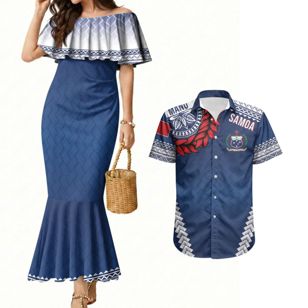 Manu Samoa Rugby Custom Navy Blue Couples Matching Mermaid Dress and Hawaiian Shirt ʻIe Toga Pattern With Red Ula fala LT7 Navy Blue - Polynesian Pride