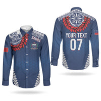 Manu Samoa Rugby Custom Navy Blue Couples Matching Short Sleeve Bodycon Dress and Long Sleeve Button Shirt ʻIe Toga Pattern With Red Ula fala LT7 - Polynesian Pride